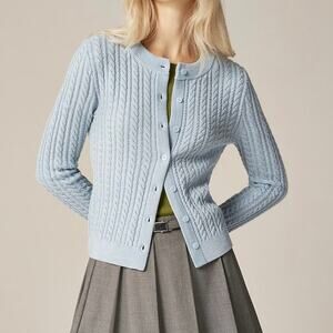 J.Crew Cable Knit Crewneck Cardigan Merino Wool Heather Stream Blue Small NWT